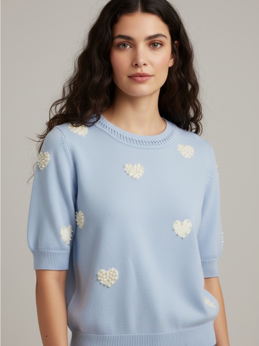 Nanette Lepore NWT Light Blue Knit Top with Pearl Heart